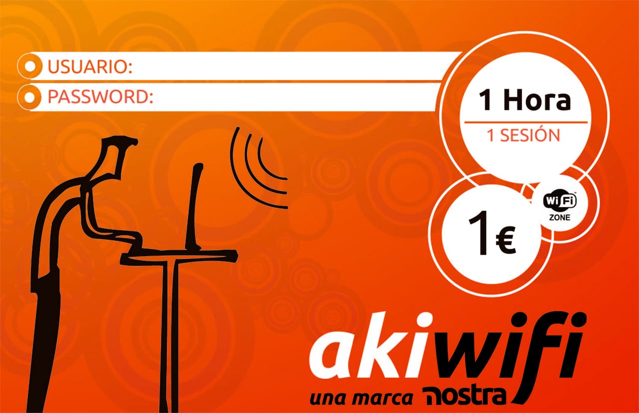 Diseño de tarjeta prepago wifi de akiwifi, con campos de usuario y contraseña y precio de 1€ la sesión