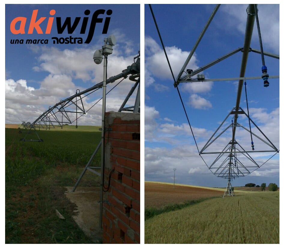 Collage de pivots de riego agrícola con antenas de akiwifi instaladas en el campo salmantino