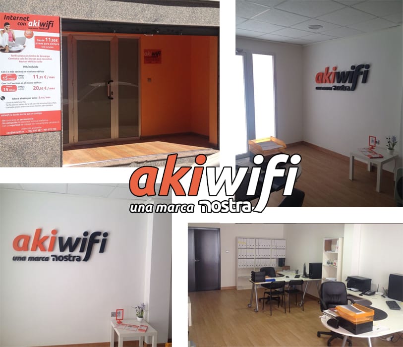 Collage de la oficina de akiwifi en Elche: fachada con cartel de tarifas e interior con el logo de la marca