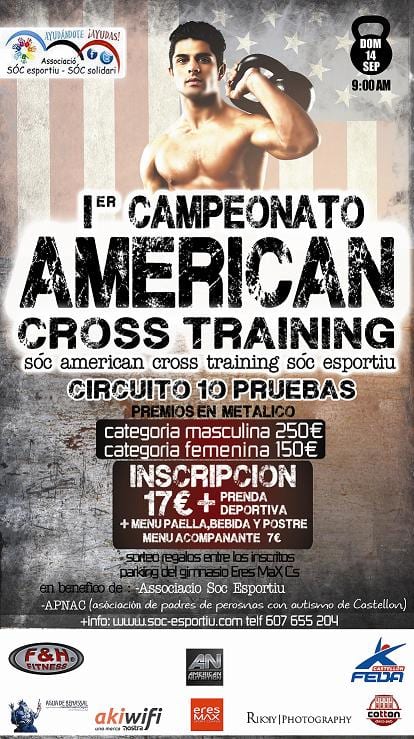 Cartel del 1er Campeonato American Cross Training en Castellón, con el logo de akiwifi entre los patrocinadores