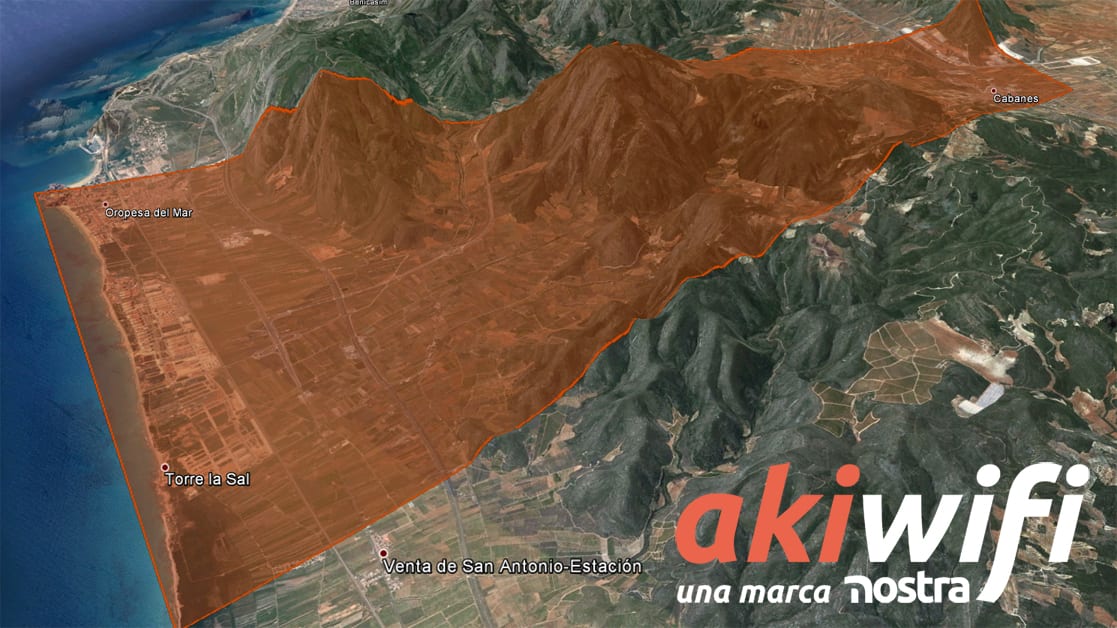 Mapa de cobertura de akiwifi entre Oropesa del Mar y Cabanes, con Torre la Sal y Marina D'Or señalados