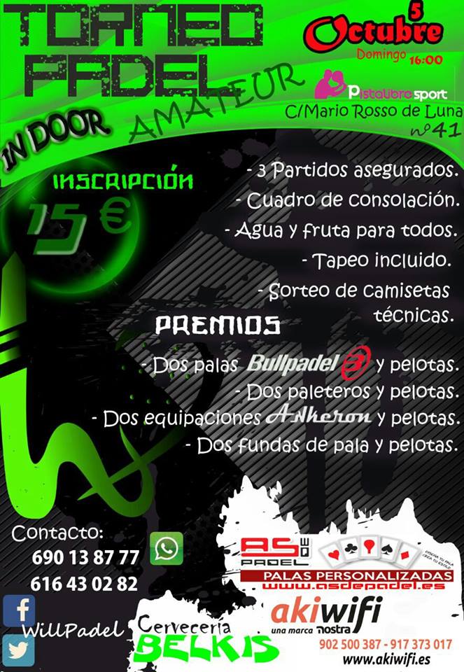 Cartel del Torneo de Pádel Indoor Amateur en Getafe, patrocinado por akiwifi