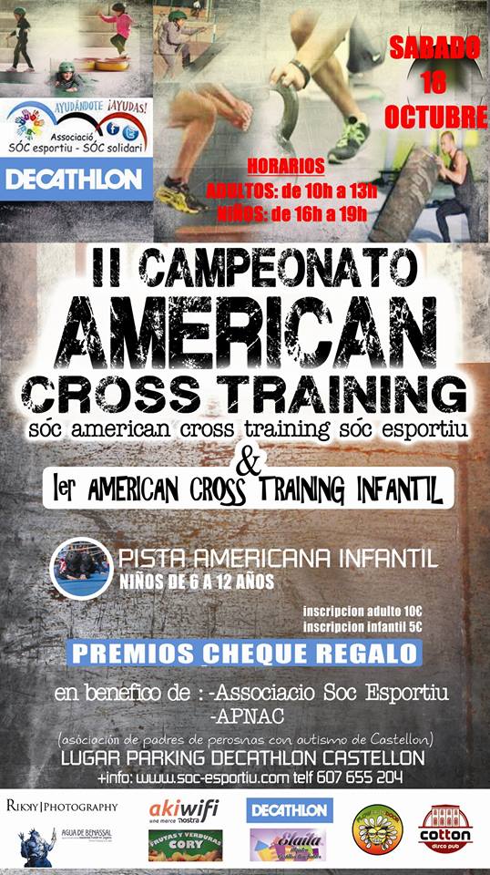 Cartel del II Campeonato American Cross Training en Decathlon Castellón, con los logos de los patrocinadores entre ellos akiwifi