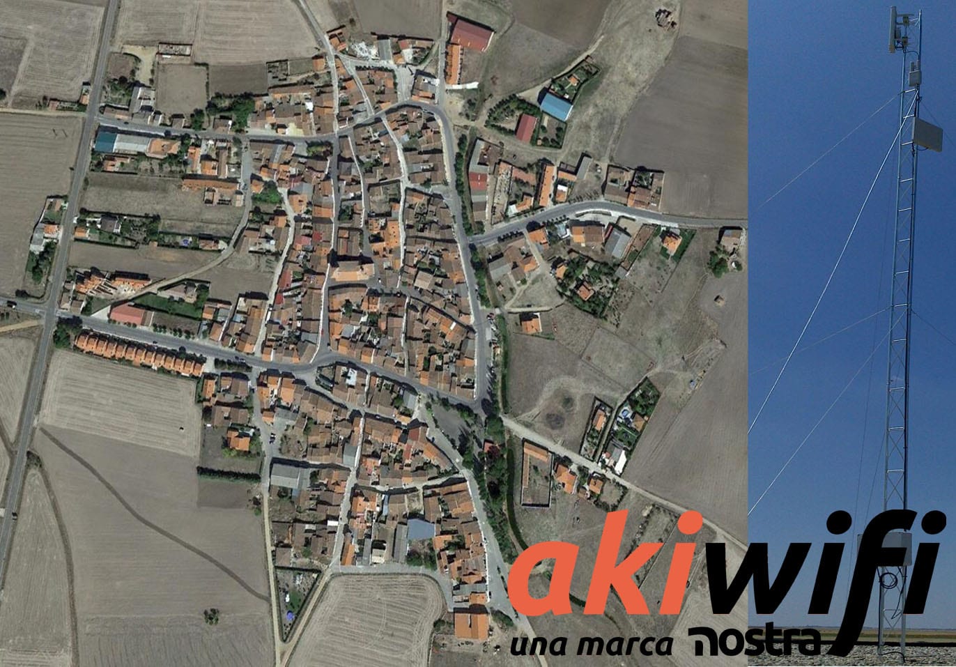 Vista aérea de un pueblo de la provincia de Salamanca junto a una antena de telecomunicaciones