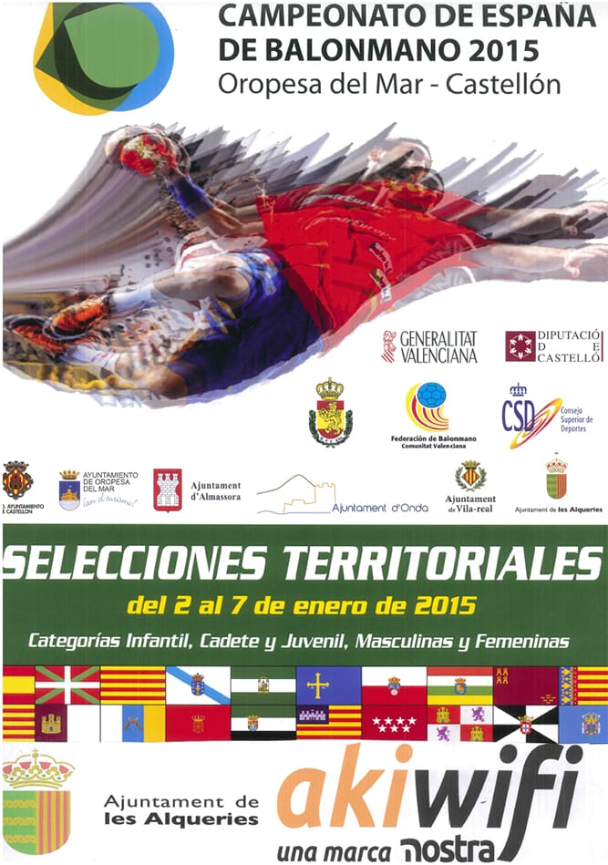 Cartel del Campeonato de España de Balonmano 2015 en Oropesa del Mar, Castellón, con los escudos de las entidades organizadoras
