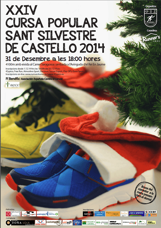 Cartel de la XXIV Cursa Popular Sant Silvestre de Castelló 2014, con zapatillas deportivas navideñas
