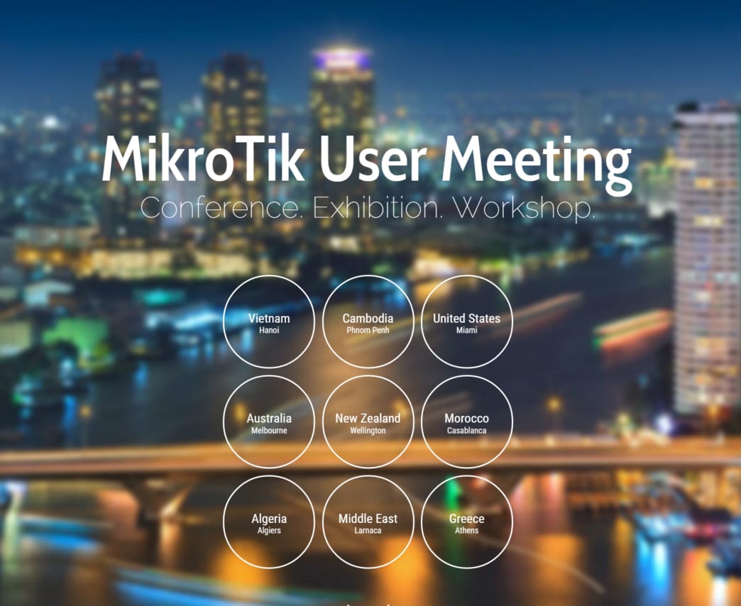 Cartel del MikroTik User Meeting, con las sedes del evento en distintos países
