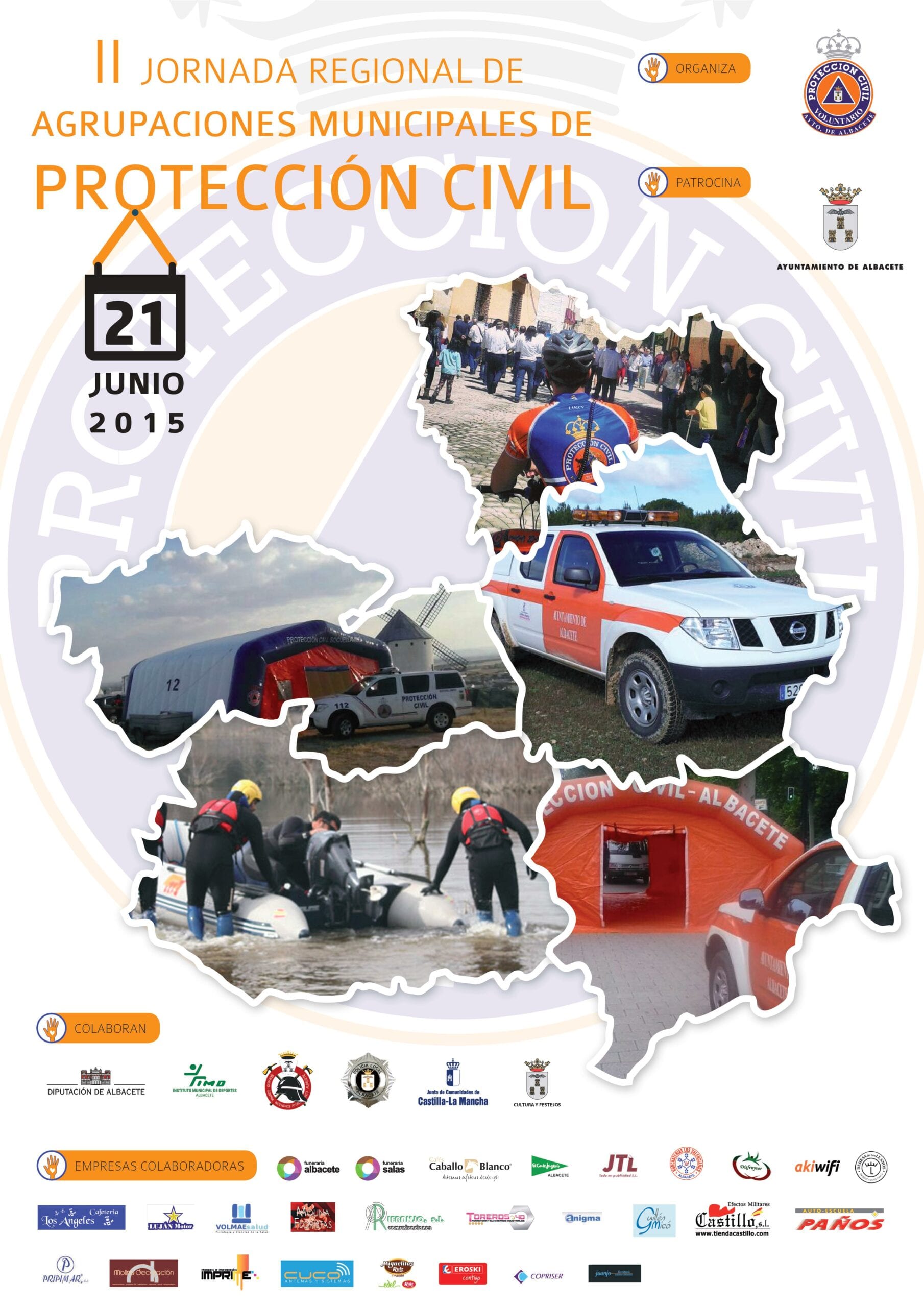 Cartel de la II Jornada Regional de Agrupaciones Municipales de Protección Civil de Albacete, con fotos de vehículos y voluntarios