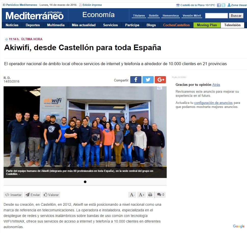 Captura de la noticia «Akiwifi, desde Castellón para toda España» en El Periódico Mediterráneo, con una foto de grupo del equipo