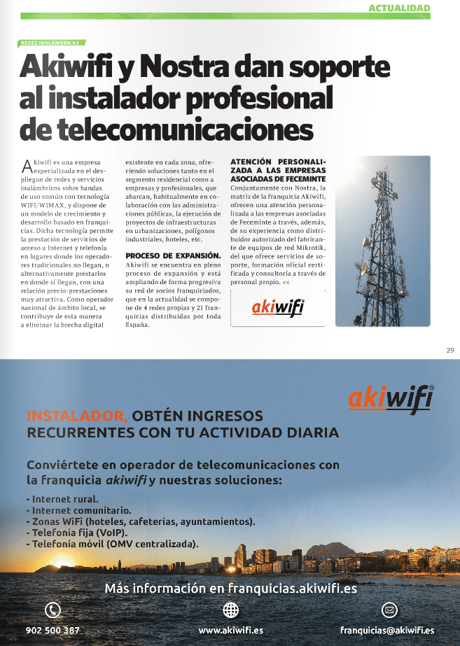 Página de la revista Telecomunicaciones de FECEMINTE con el artículo «Akiwifi y Nostra dan soporte al instalador profesional» y un anuncio de la franquicia akiwifi