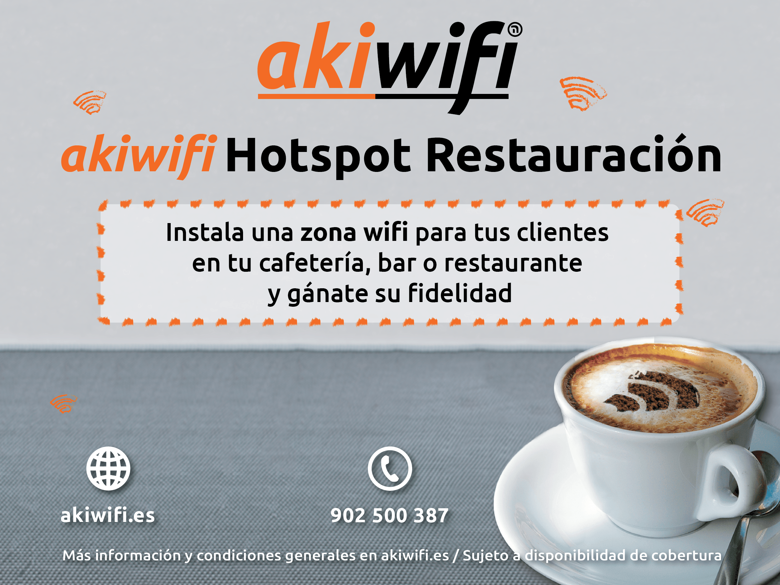 Anuncio de akiwifi Hotspot Restauración, con el símbolo de wifi dibujado en la espuma de un café
