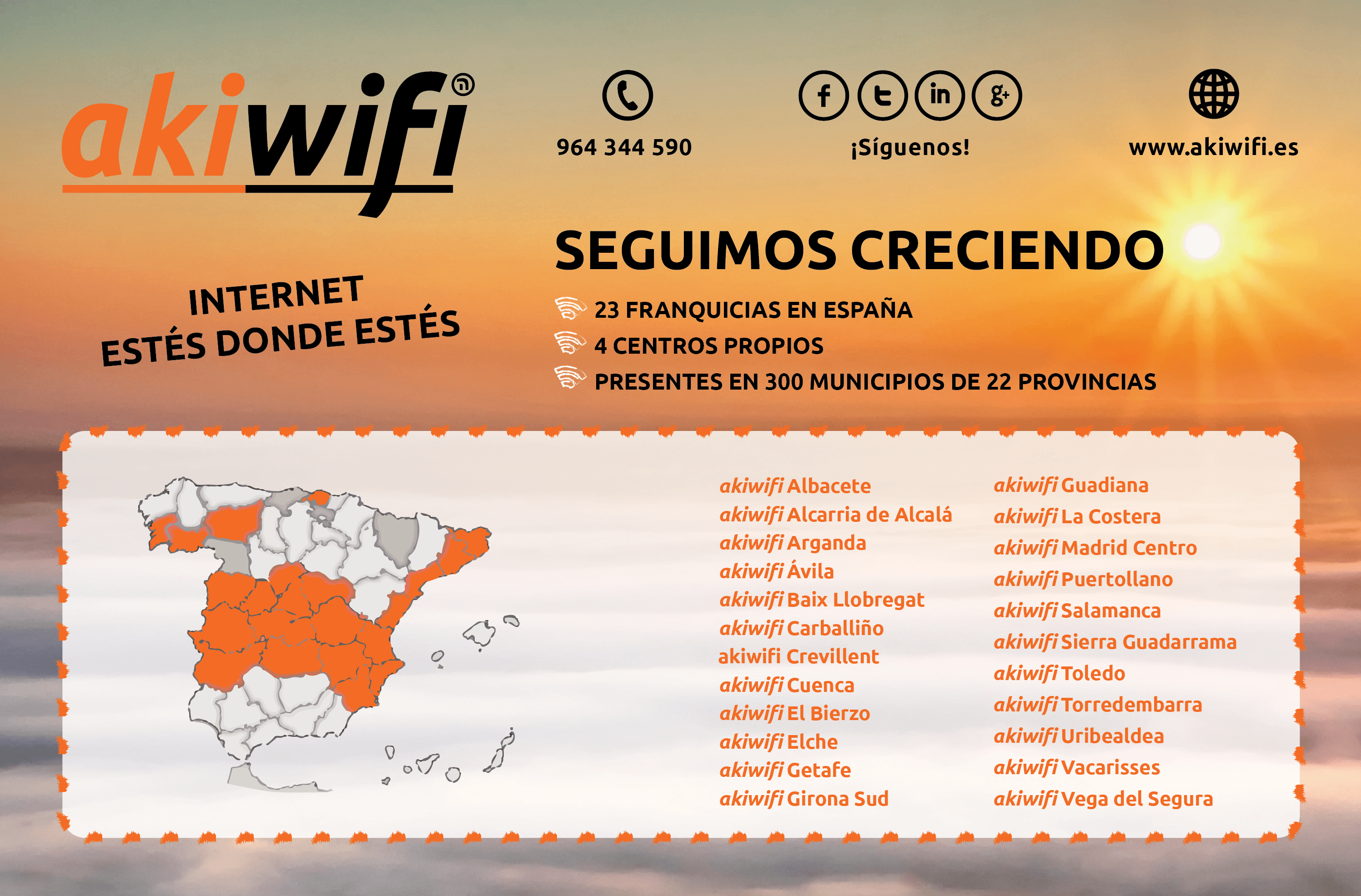 Cartel «Seguimos creciendo» de akiwifi con el mapa de España y el listado de franquicias de la red