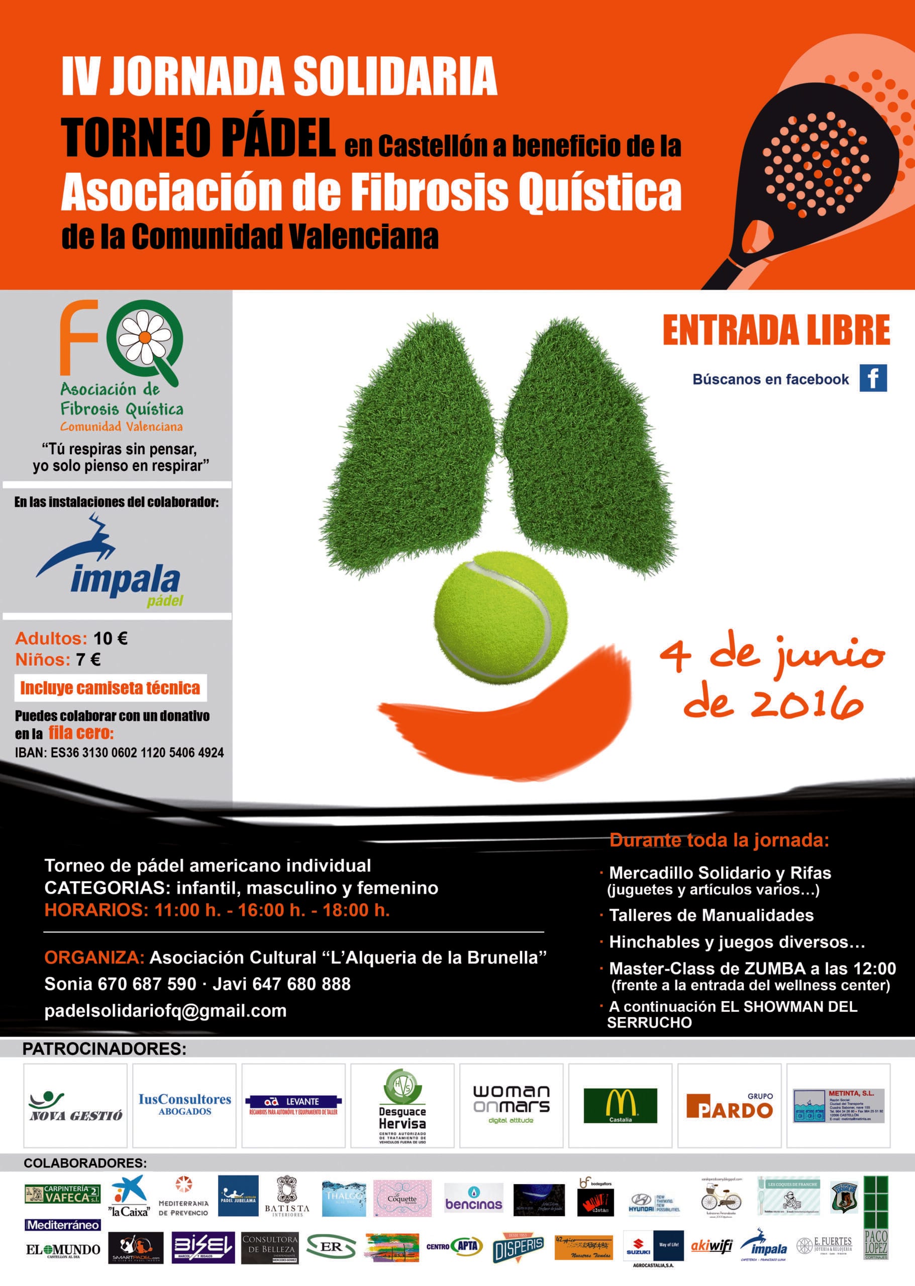 Cartel de la IV Jornada Solidaria, torneo de pádel en Castellón a beneficio de la Asociación de Fibrosis Quística de la Comunidad Valenciana