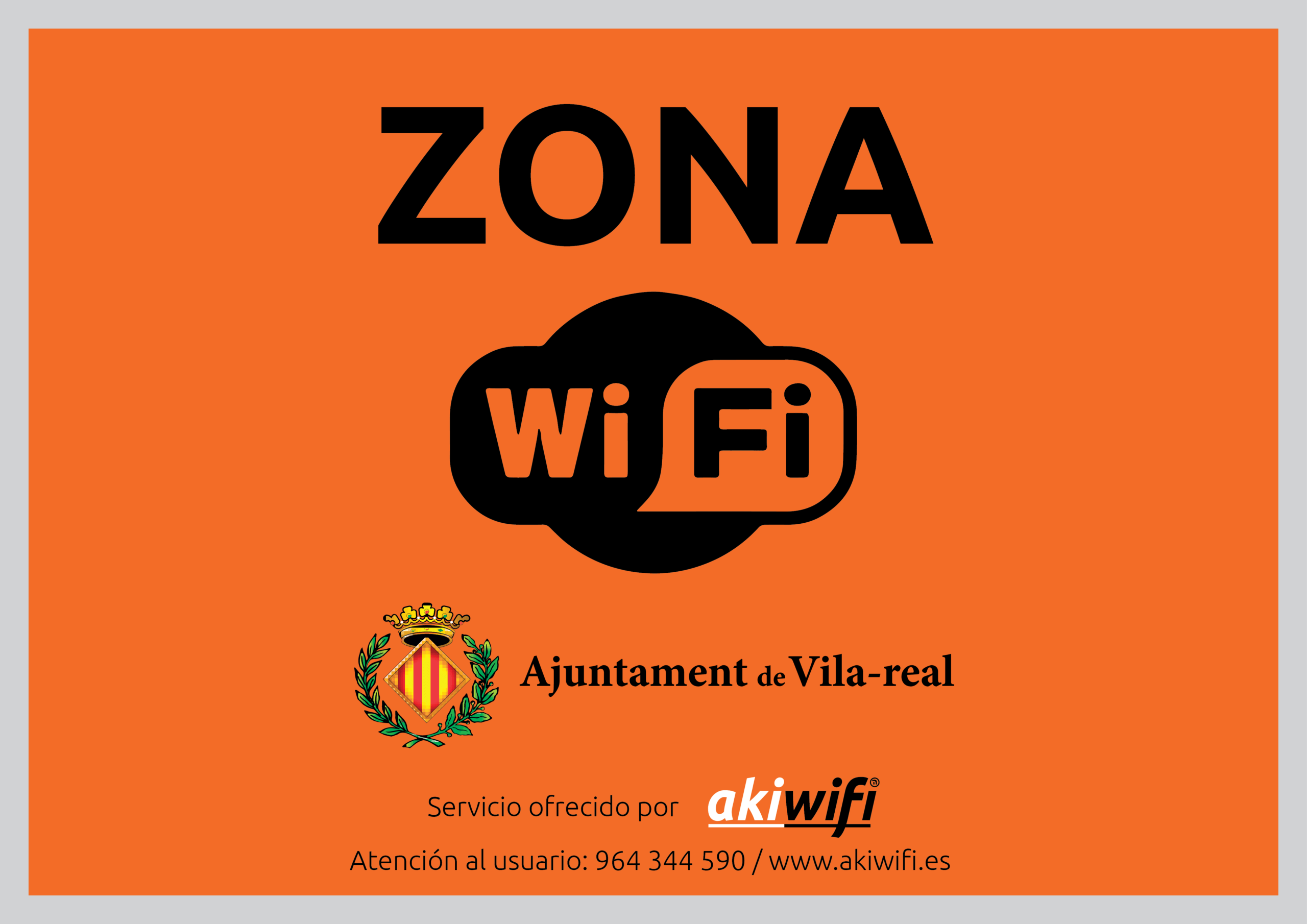 Cartel naranja «Zona Wifi» del Ajuntament de Vila-real, con el servicio ofrecido por akiwifi