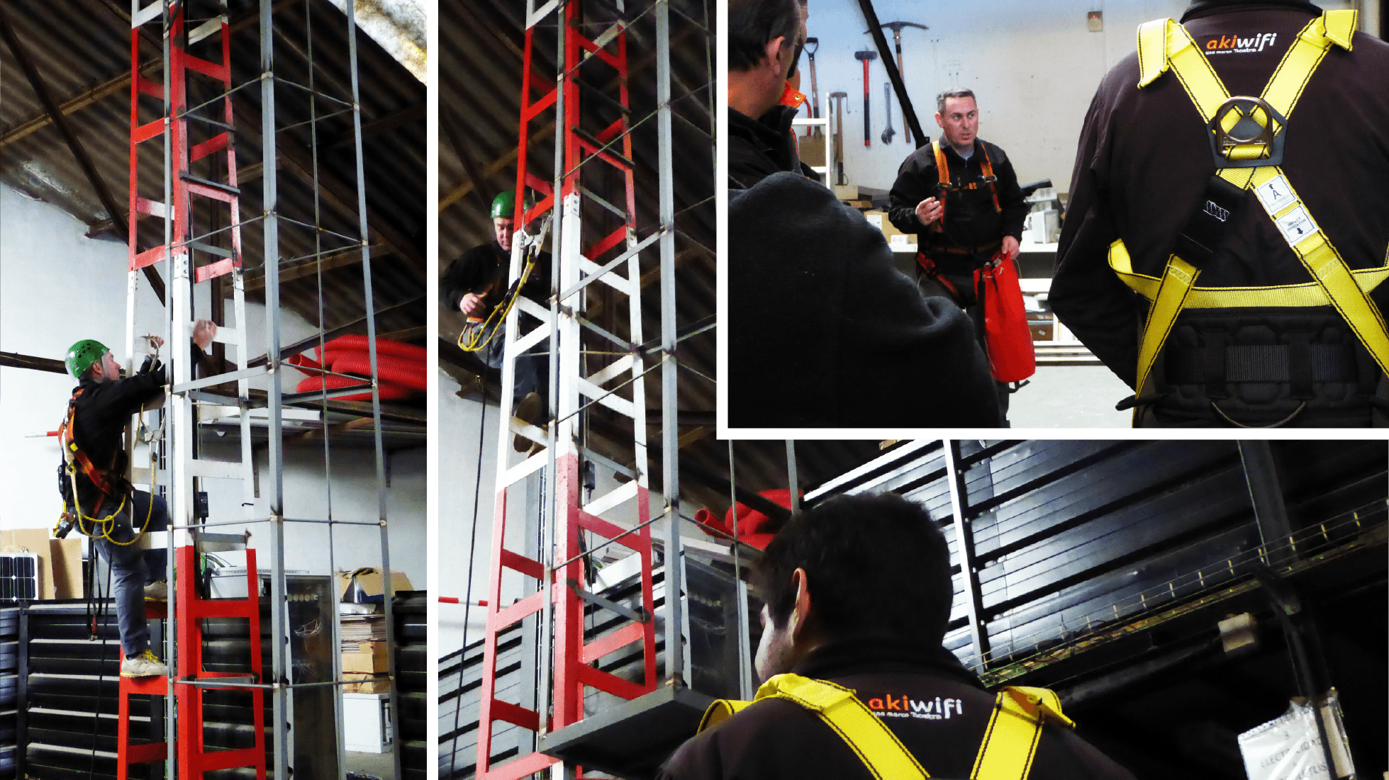 Collage de un técnico de akiwifi subido a una torre con arnés y casco de seguridad durante una instalación