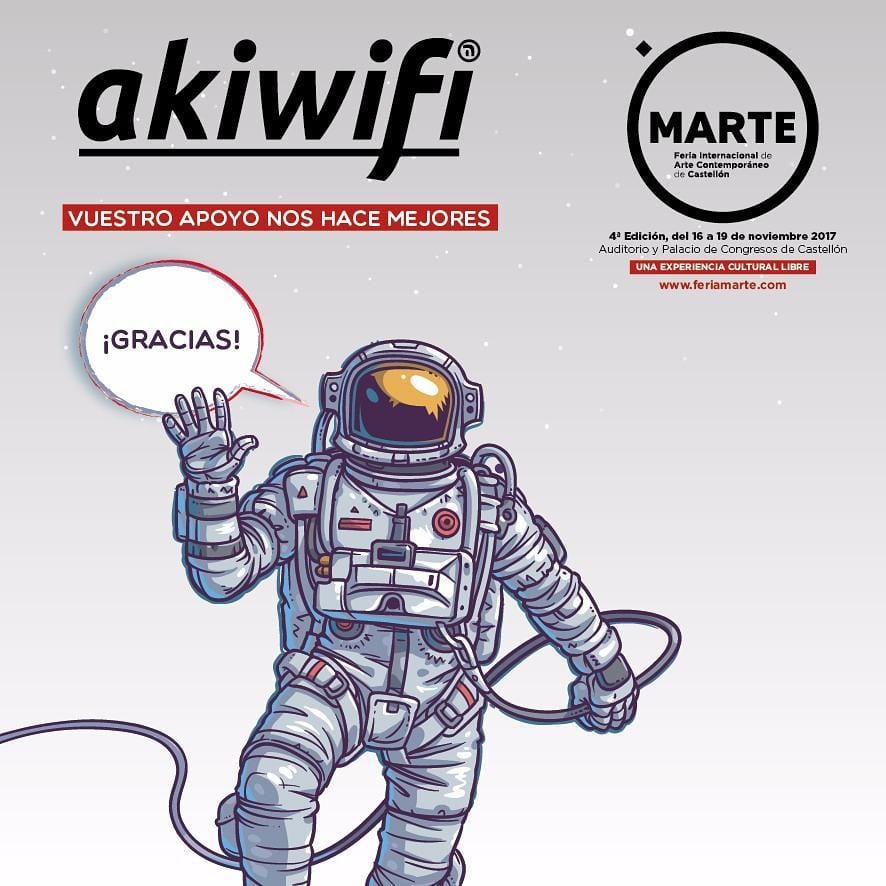 Cartel de agradecimiento de akiwifi a la feria MARTE, con un astronauta ilustrado diciendo «¡Gracias!»