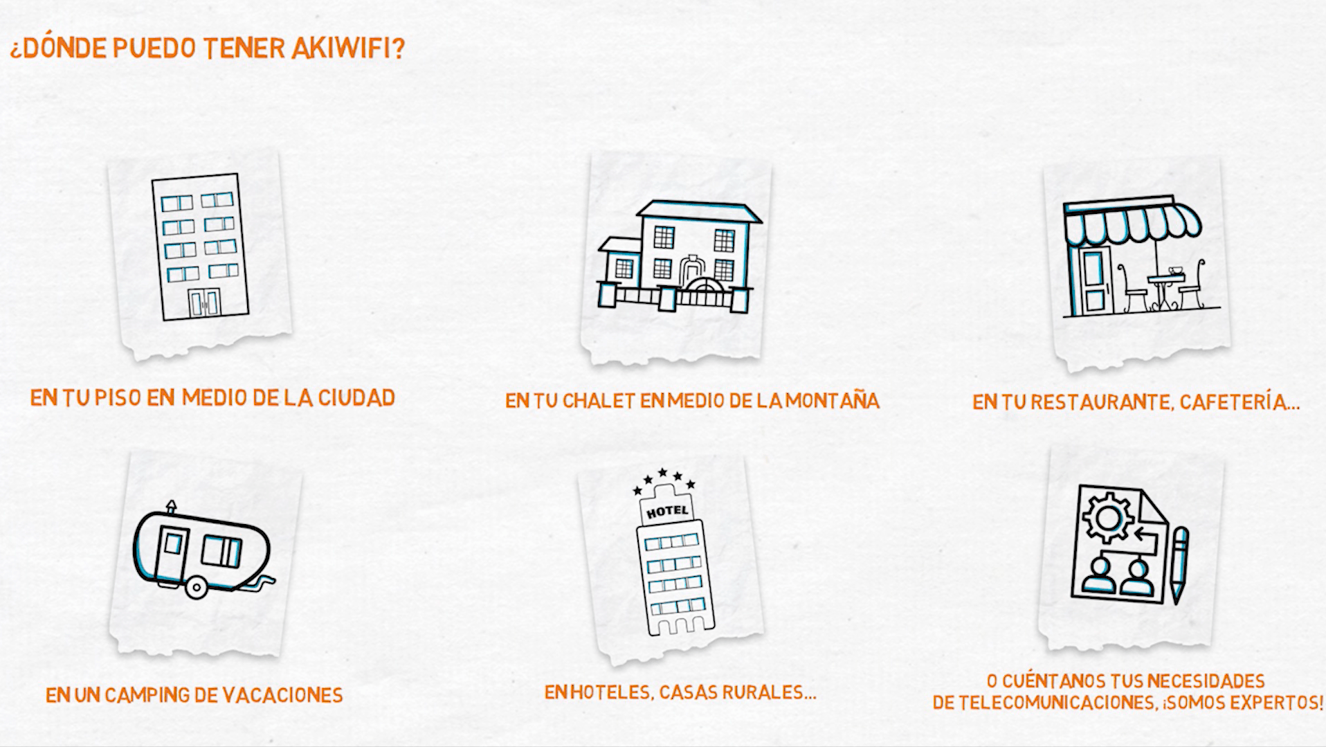 Infografía «¿Dónde puedo tener akiwifi?» con iconos de piso, chalet, restaurante, camping, hotel y otros negocios