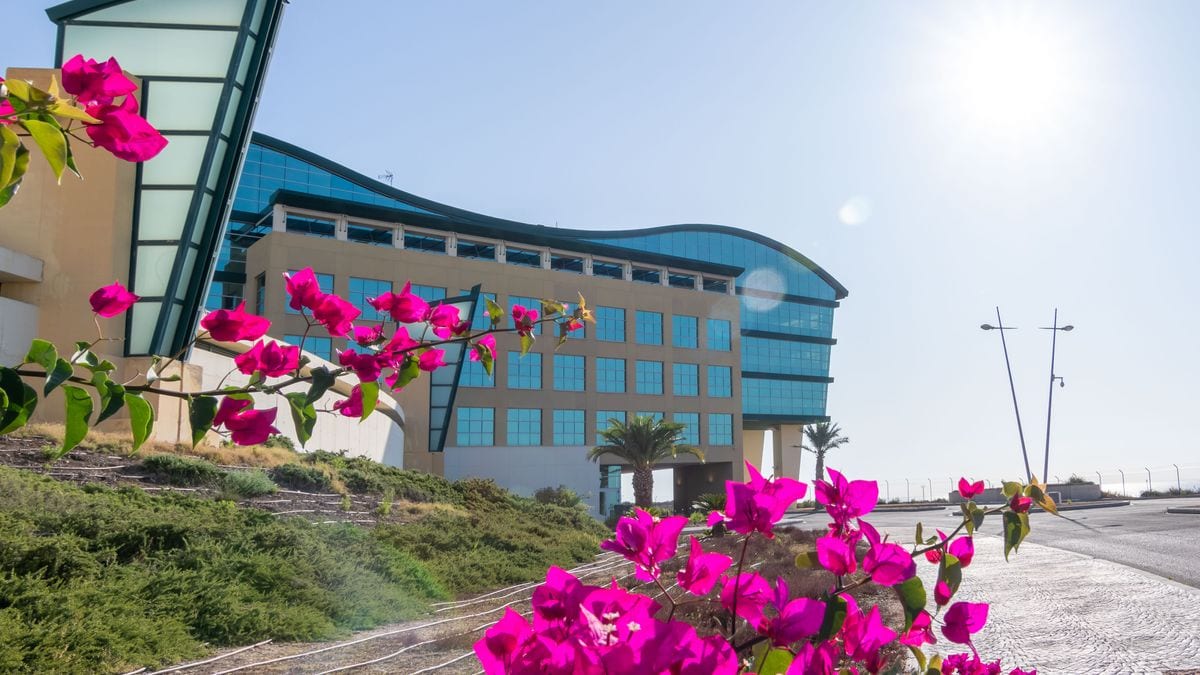 Edificio acristalado y moderno de Distrito Digital con flores en primer plano