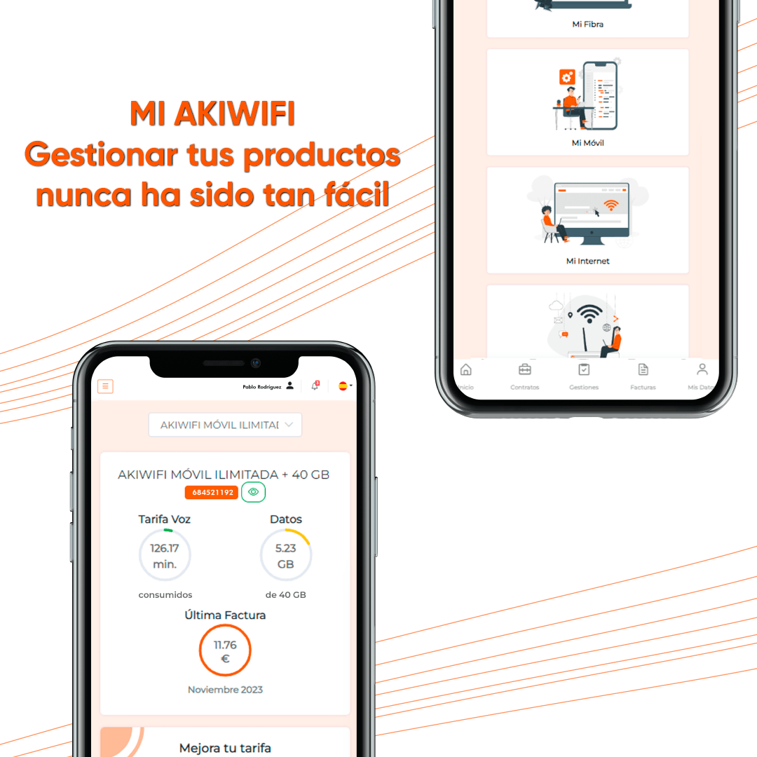 Pantallas de la app Mi Akiwifi mostrando el consumo de una tarifa móvil, la última factura y el menú de contratos, facturas y gestiones